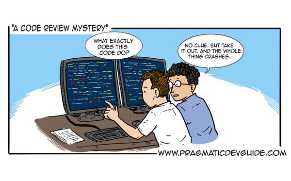 Cartoon showing 2 developers in front of a monitor, reviewing source code. 