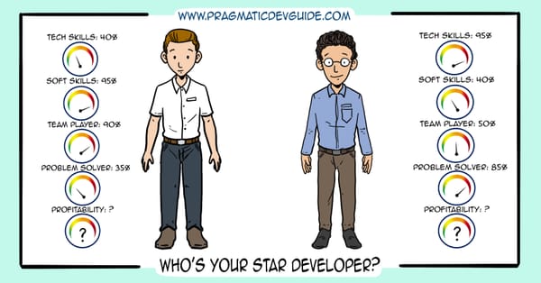 Cartoon image of 2 developers, with dials for their individual skills (tech, problem solving,...)