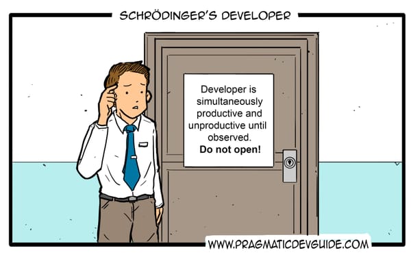 Man in front of door with a sign 'Developer is simultaneously productive and unproductive until observed. Do not open!'